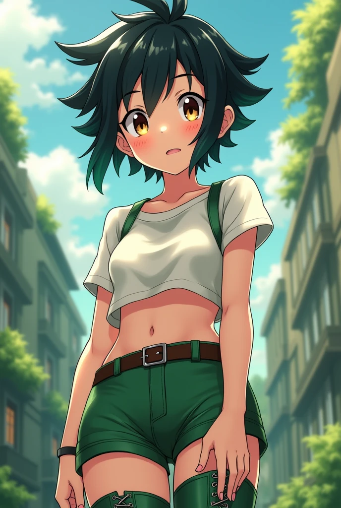 YOU COULD CREATE A CHARACTER WITH ANIME AESTHETICS THAT HAS BLACK HAIR WITH DARK GREEN SPIKED UP, A WELL-DEFINED FACE THAT TRANSMITS INNOCENCE, KINDNESS, LIGHT BROWN EYES, OUTFITS: GREEN SHORT SHORTS WITH BELT AND WHITE CROPPED TOP AND GREEN HIGH LEATHER BOOTS WITH LACES, ANKLE LENGTH with simple and robust dark green details