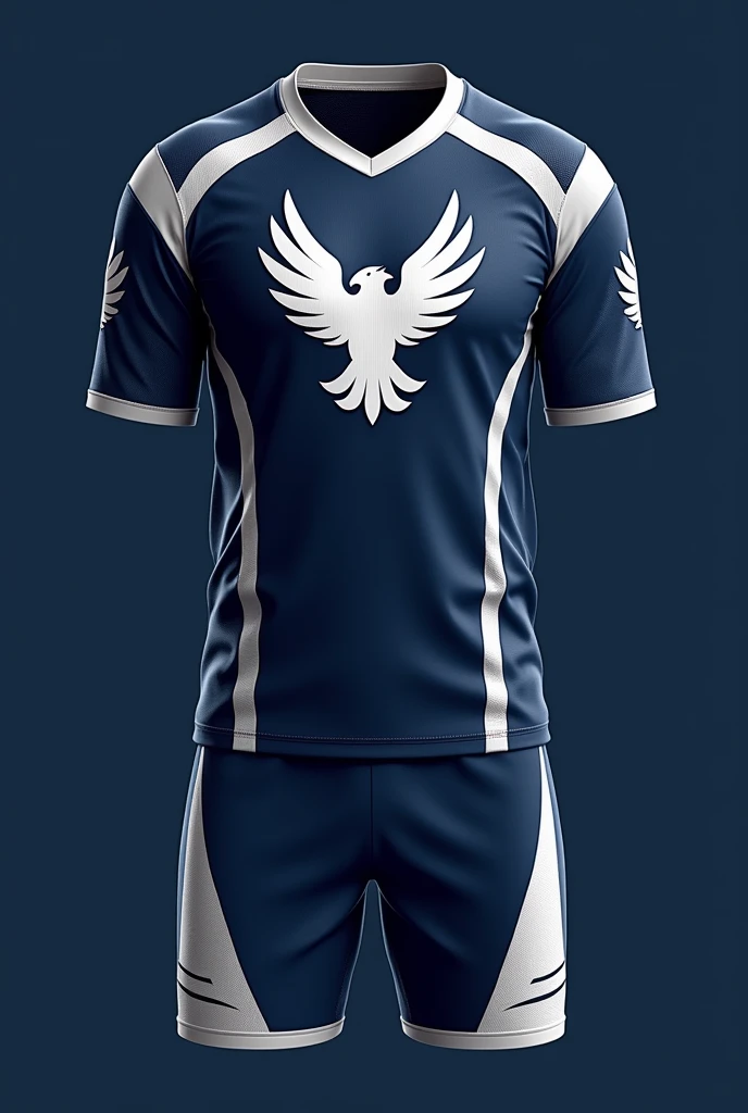 Create a complete volleyball team uniform template with a white harpy eagle logo, the rest of the uniform in dark blue with white details 