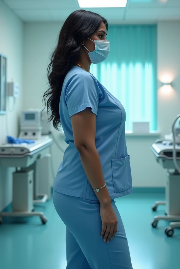 6 feet tall big breasted Brest beautiful Indian girl as sexy nurse full realistic 4k picture wear a mask gynec hospital background without bokey effect in ot backside view