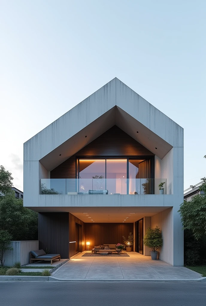 The facade of a modern house that has a sloping roof the first part of the sloping roof comes from the back of the house and the other sloping roof comes from the front of the house 