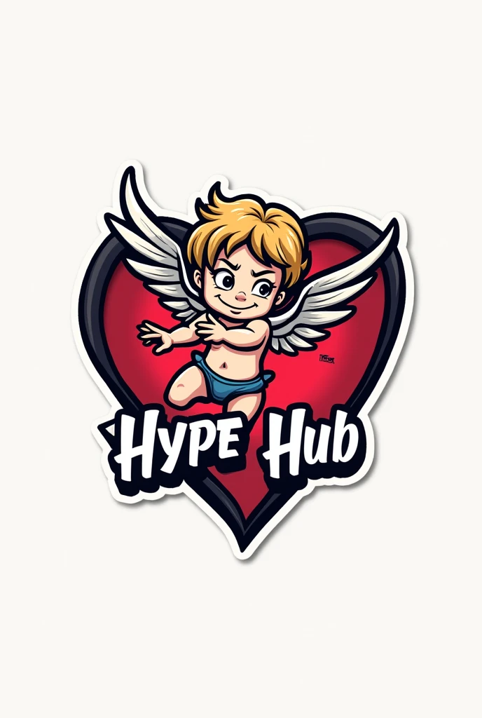 Create a logo for a streetwear Instagram brand with a cupid behind it and the name of the hype hub