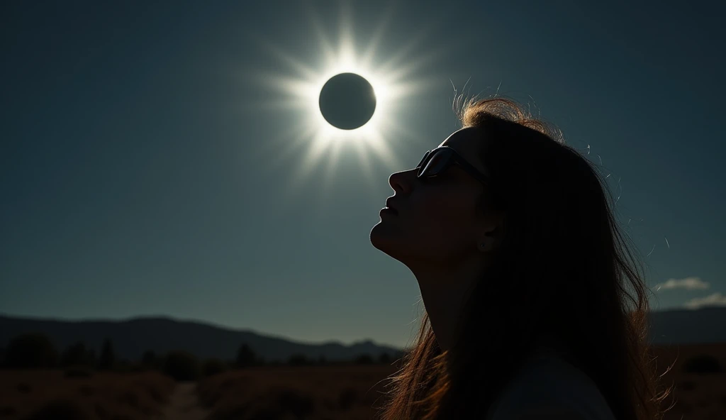 Photograph of a person viewing an eclipse through certified eclipse glasses, with the sun partially obscured by the moon in the background. The scene captures the intense contrast between the darkened sky and the subtle, shifting colors of the landscape.