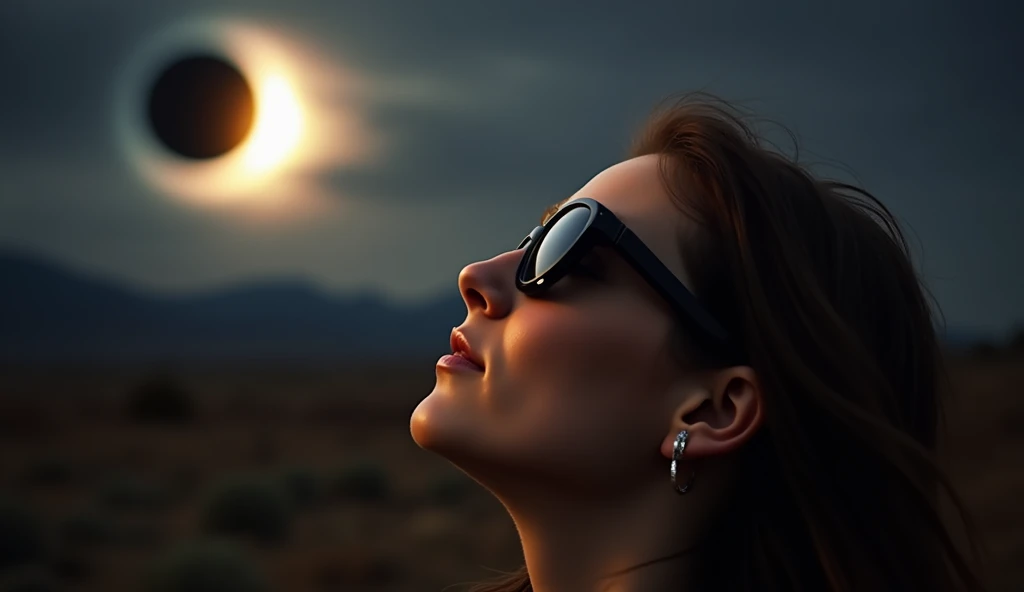 Photograph of a person viewing an eclipse through certified eclipse glasses, with the sun partially obscured by the moon in the background. The scene captures the intense contrast between the darkened sky and the subtle, shifting colors of the landscape.