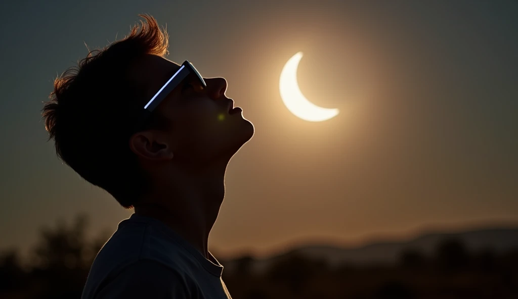 Photograph of a person viewing an eclipse through certified eclipse glasses, with the sun partially obscured by the moon in the background. The scene captures the intense contrast between the darkened sky and the subtle, shifting colors of the landscape.