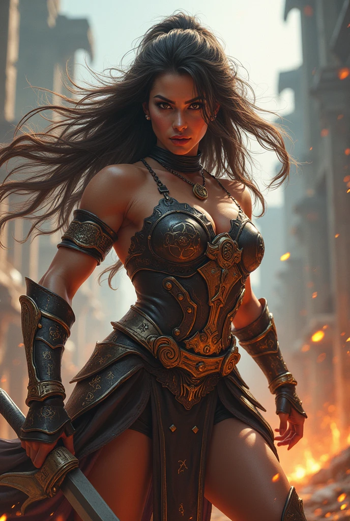 A powerful, (big strong body muscle:1.9) female warrior in a dynamic battle pose, long flowing hair, fierce expression, intricate armor with glowing runes, dramatic lighting, cinematic camera angle, epic fantasy, vibrant colors, dramatic lighting, digital art, concept art style