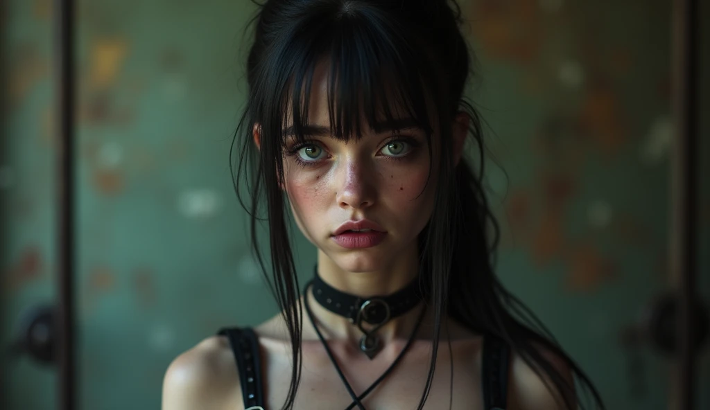 (young skinny gothic punk girl, slender girl, ((top quality, 8k, masterpiece: 1.3)), crisp focus: 1.2, (beautiful skinny anorexic girl: 1.6), (skinny abdomen: 1.2), (big head), (small slim waist: 1.6), (thigh gap: 1.6), (small hip: 1.6):1.2), ((layer cut: 1.2)), highly detailed face and skin texture, detailed eyes, ponytail hairstyle, (BDSM, slave, black tight shiny latex harness, buckles, wet skin, (exposed navel:1.2):1.4), (crying:1.4), (full length)