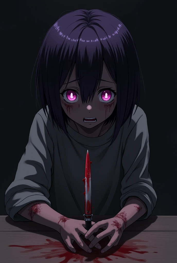tired apathetic girl wearing black urban style clothes with jewelry with finger gun to head, sitting, (one arm resting:1.4), expressionless, dark blue hair, (mohawk, twintails:1.3), magenta eyes, (bags under eyes:1.3), gunshots, (wall with bullet holes:1.3), (blood splatter:1.3), wisps of smoke, dark background, dark lighting, incredibly absurdres, 8k wallpaper, amazing details, finely detailed background, amazing background