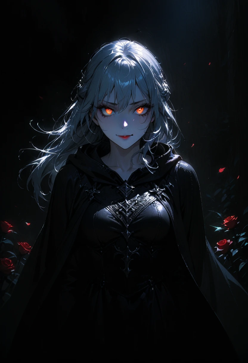 (full body portrait), 1girl, solo, (long white hair), detailed face, mischief expression, smirk, pale white skin, orange eyes, (detailed eyes), long eyelashes, black eye liner, red lipstick, black tunic, (hoodie cloak), long dress, leather glove, (chest armor), (standing pose) moonlight, hard lighting, blue light, cold light, ((rose pedals falling)), (medieval theme), (masterpiece), super detailed, best quality, POV, dw01-3400, 4k