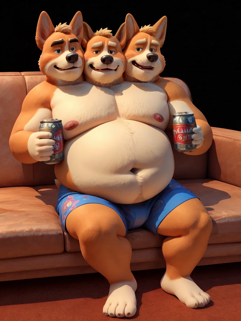 solo, welsh corgi, canine, twins, 60 year old male, ((holding two beer cans in hands)), natural pose, sexy pose, sitting on couch, different facial expressions, tired, bored, annoyed, three identical heads attached to the same body, welsh corgi ears, bald, beard, red fur, masculine, three necks, eyes, adult, male, 3d, by pixar, by disney, (short, overweight, fat, obese, big belly, out of shape), black background, shirtless, navel, male nipples, boxers, correct hands, correct anatomy, ultradetailed, best quality, detailed masterpiece, highly detailed masterpiece, 4k, professional cartoon