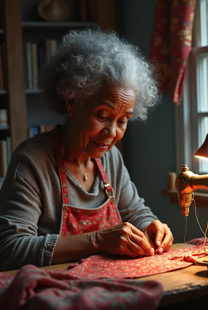 Elderly Afro lady sewing