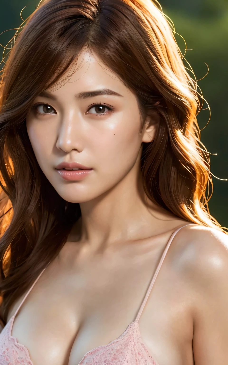 Top-quality, ultra-detailed, realistic, CG Unity 8k wallpaper, highly detailed, magnificent, finely detaile, slender face, pretty lady, highly detailed face, focused view, colossal chest, frontage, ultra-detailed textures, physically-based rendering, hight resolution, brightly lit, high-quality adult portrait, solo image, ultra-fine details,  cinematic-quality lighting, delicate facial features, wavy auburn hair, bikini top revealing a 40-inch chest.