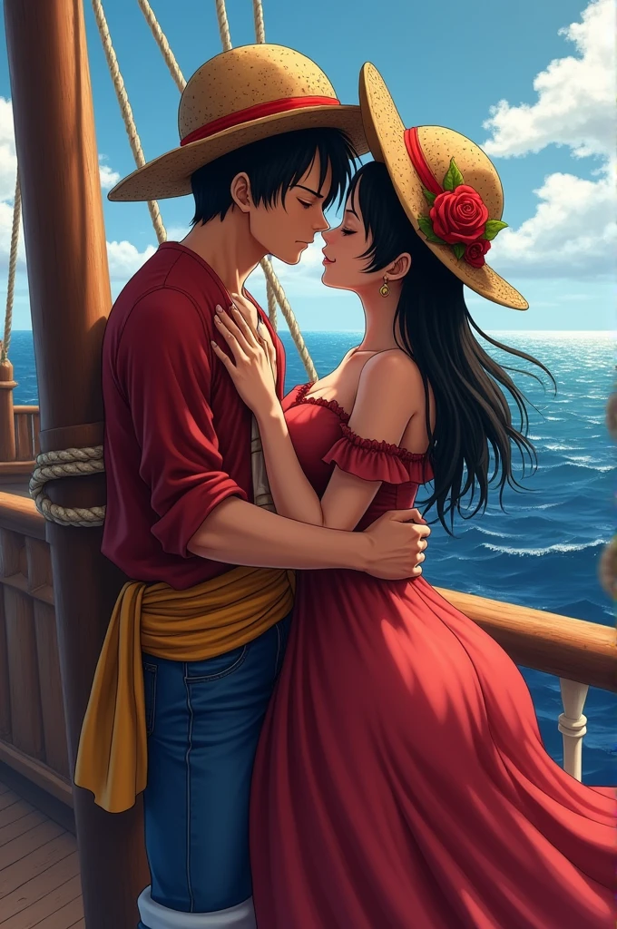 Luffy and boa hancock setting in ship with luffy romantic image 
Boa honcock detailed(1.5), boa hancock(large round breast touching luffy chest) dress, trying to kiss eachother,