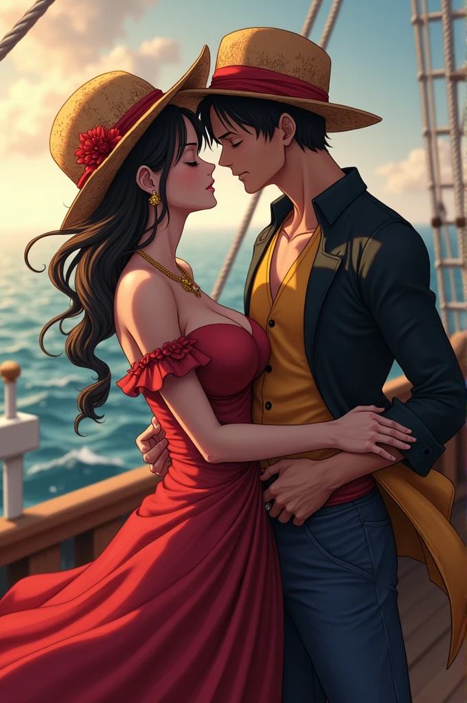 Luffy and boa hancock setting in ship with luffy romantic image
Boa honcock detailed(1.5), boa hancock(large round breast touching luffy chest) dress, trying to kiss eachother,
