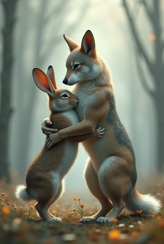 A rabbit and a wolf stand together as lovers.