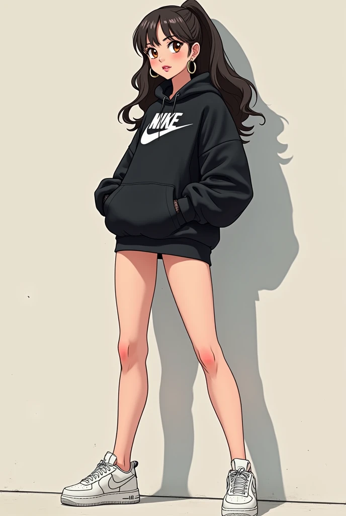 white woman with pink lips, long wavy hair, hoop earrings, brown eye color. anime styling. fully body, black nike sweatshirt, white nike sneakers