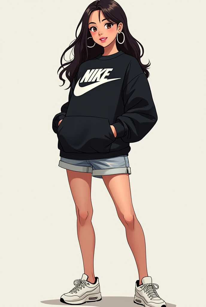 white woman with pink lips, long wavy hair, hoop earrings, brown eye color. anime styling. fully body, black nike sweatshirt, white nike sneakers
