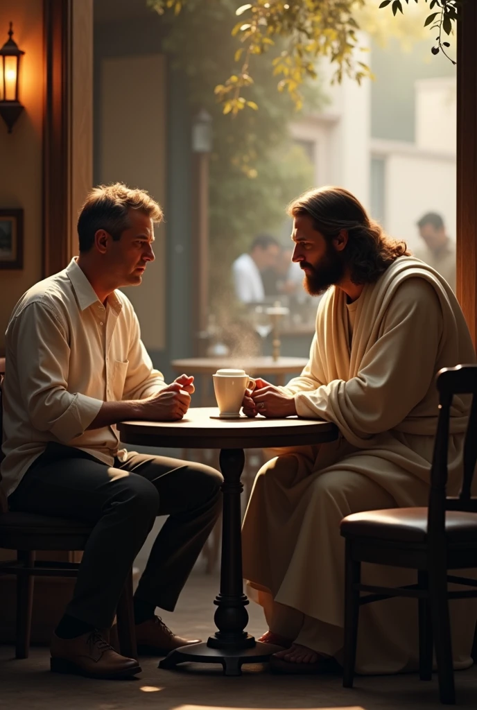 A man having a cup of coffee with Jesus Christ