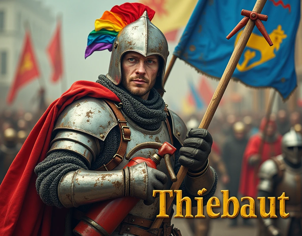 An anachronistic poster depicting an absurd man brandishing a modern fire extinguisher, and carrying a (banner blue and red with thin vertical yellow sword painted upwards coat of arms), damaged by fighting. (medieval battered chain mail, (modern Rainbow Propeller Hat), leather gloves, very battle-damaged). He has white pale skin and lumps on his face. (He's on a medieval festival with the words "Thiébaut" written in large golden letters in the foreground).