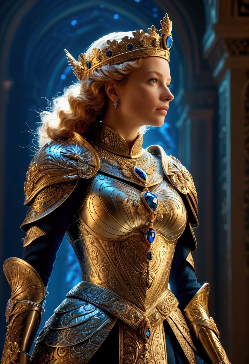 the queen griffin in armor suit royal regalia, low angle shot, detailed fantasy digital art, glowing, jewelry, light particles, profile, space. Beautiful cinematic lighting, surreal, color graded, dynamic movement, captivating chiaroscuro, full body, award-winning, cinematic still, emotional, vignette, dynamic, vivid, (masterpiece, best quality, photorealistic, Professional, perfect composition, very aesthetic, absurdres, ultra-detailed, intricate details:1.3)
