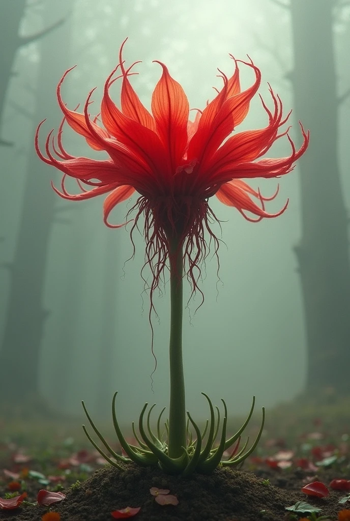 I want an image of a red spider lily in an empty and mysterious place 