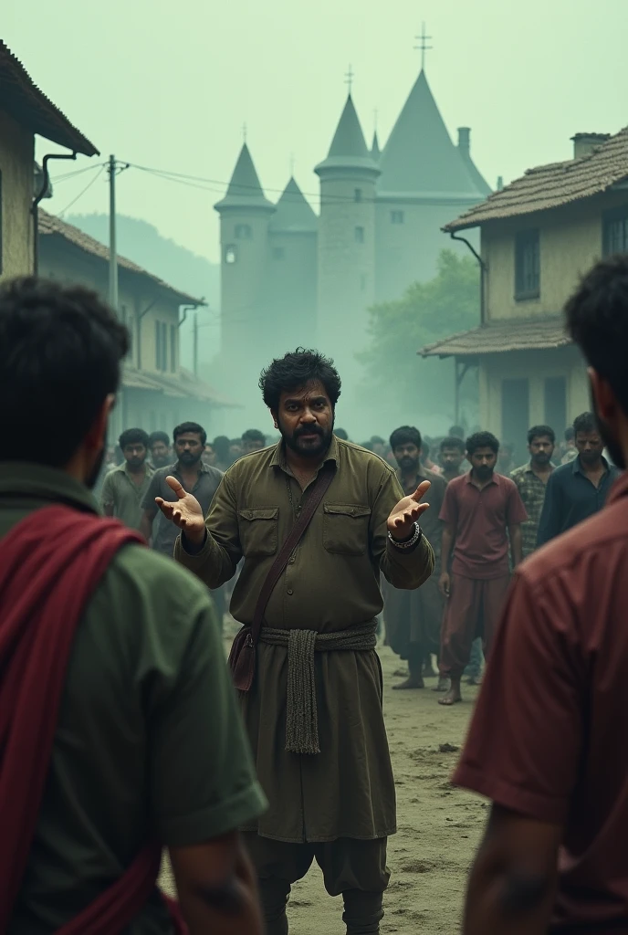 A wide shot of the village square from above, with Ravi at the center surrounded by villagers. Ravi is gesturing animatedly, but the villagers are turning away, uninterested or dismissive. In the distance, the outline of the mansion is barely visible, shrouded in mist, hinting at the lurking danger Ravi knows is real.
Size: 1024x1024