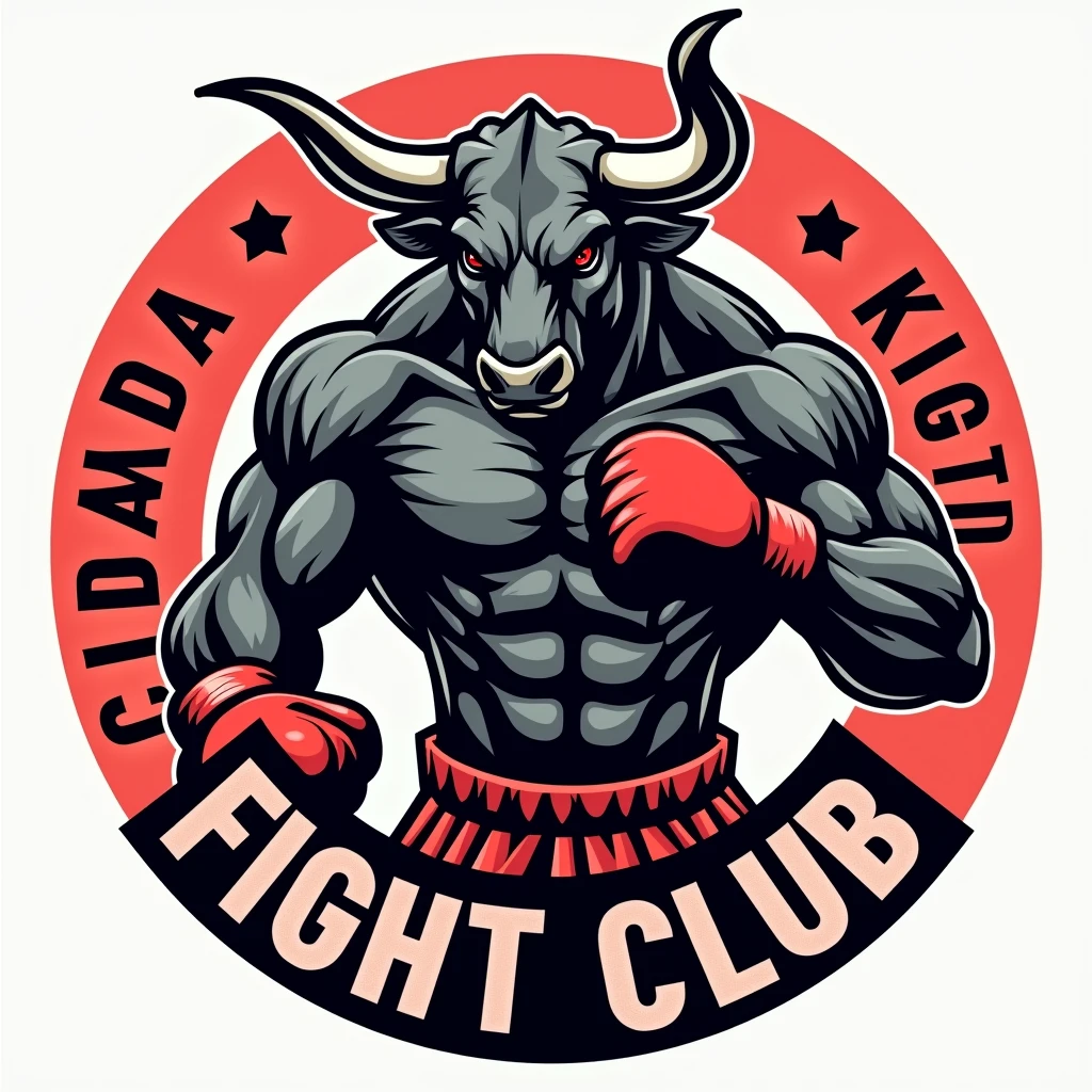 A detailed, high-quality illustration of a full-body silhouette of a bull in a powerful pose for a fighting club logo. The bull should be wearing a red and gray shirt, red Muay Thai shorts, and boxing gloves on its hands. Surrounding the bull, create a circular border with the text 'MANE CIDADAO FIGHT CLUB' in bold, readable letters suitable for a medal design. The artwork should be clean and bold, making it ideal for printing on a medal. The design should emphasize strength and aggression, with sharp lines and a striking visual impact, capturing the dynamic and fierce nature of the bull in its fight attire."Alta resolução, Preciso, Alta qualidade, 