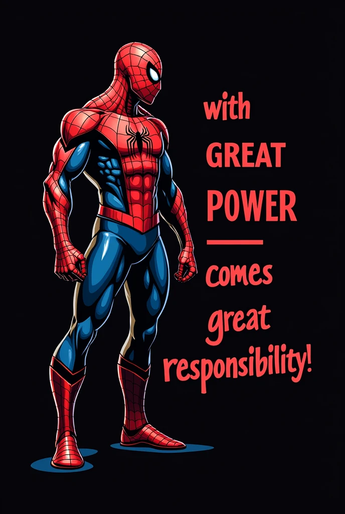 A vector t-shirt design with a black background. In the left side of the image, there's a superhero character spiderman. he is looking towards the right side of the image. He has a muscular build, red and blue high-tech suit. The text "With Great Power Comes Great Responsibility!" is written him right side with style.