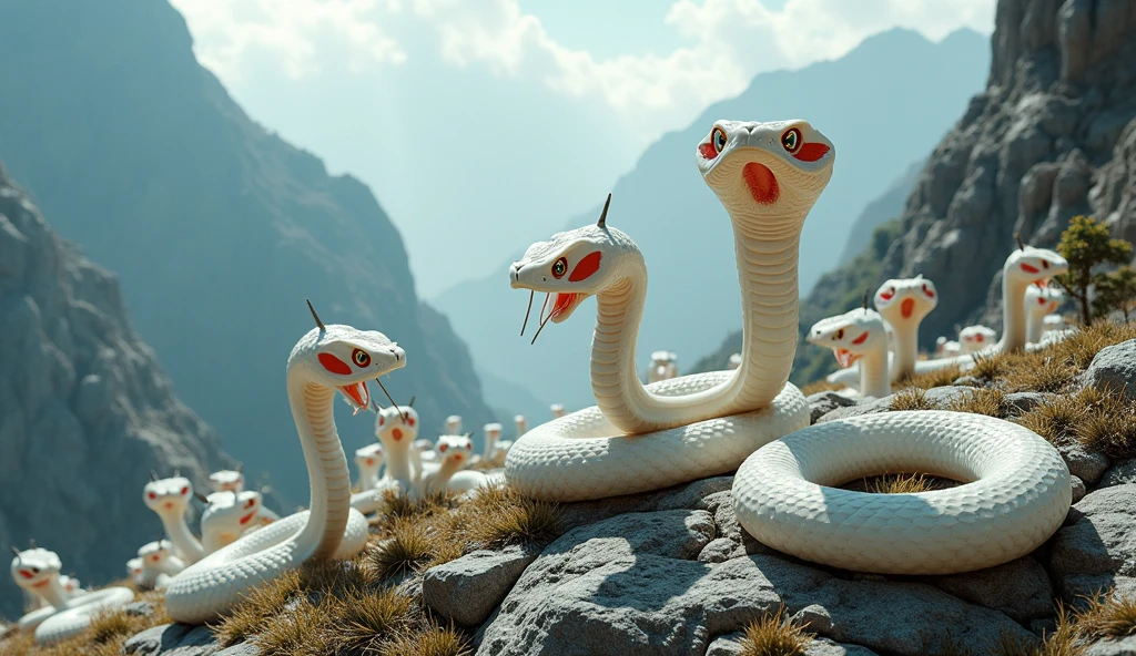 There are many white jades and pit vipers with spikes and red and white rings on their noses on the mountain.(best quality,4K,8k,High level,masterpiece:1.2),Ultra Detailed,(lifelike,Photo real,Photo real:1.37)