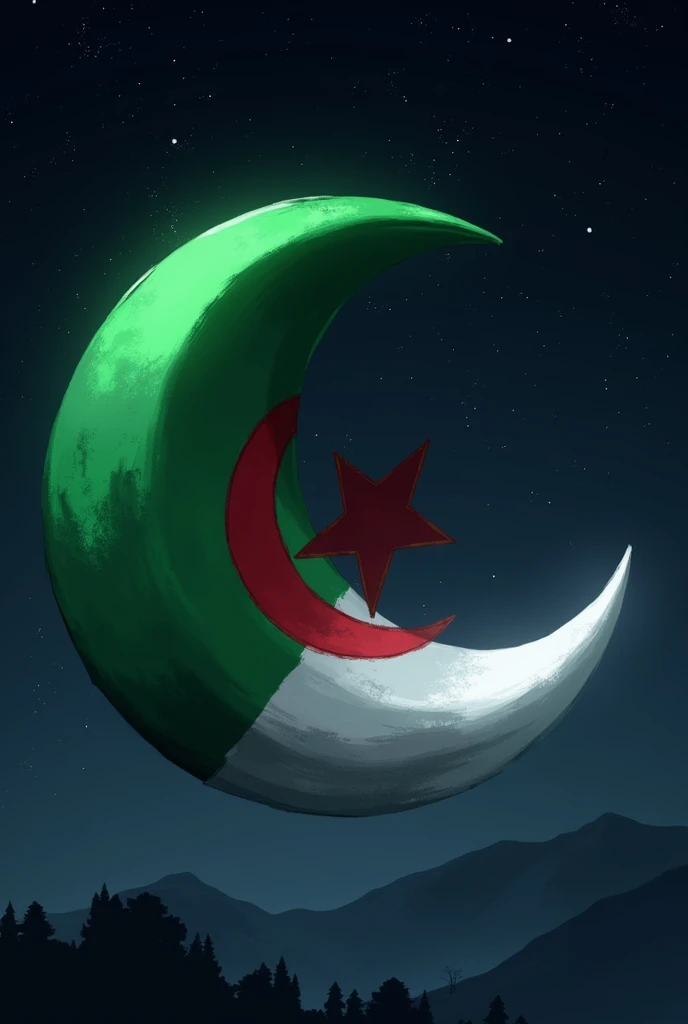 The starry Algerian desert with the moon and the Algerian flag surrounded by flowers growing in the desert