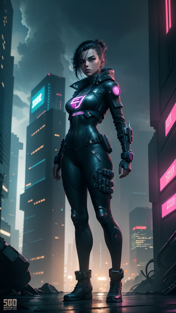 Digital artwork, concept art, a cyberpunk girl with "500 subscribers" text on her chest, standing on rooftop with a dark dystopian city in the background, dynamic pose, fierce, comics style, extremely intricate, extremely detailed, ominous lighting, dramatic lighting, dark stormy night, shot with Hasselblad, long exposure