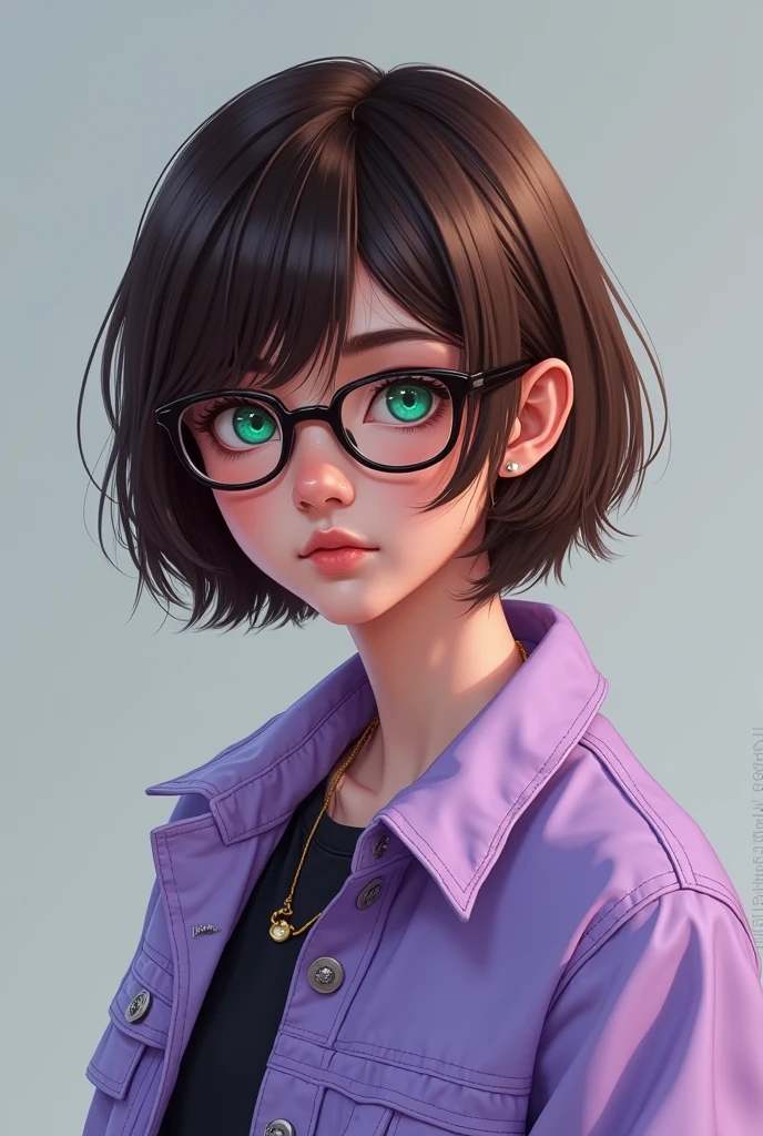 Create an image of a human teenager with dark glasses and short straight brown hair and green eyes and a light purple jacket