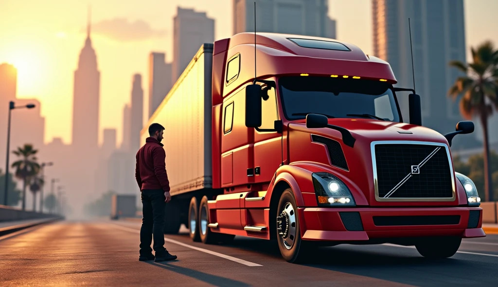 a detailed realistic CGI render of a in style GTA 5 style banner, a Los Angeles cityscape in the background, a new semi truck Volvo with a driver standing in front of it, the driver and the truck are on the right side of the frame, the left side is blurred in the background, highly detailed, photorealistic, 8K, cinematic dramatic lighting, vibrant colors, gritty urban setting
