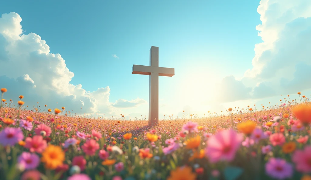 (photorealism:1.2), a Cross in the middle of a vibrant field of flowers, clear blue sky with moving clouds above, ethereal, serene atmosphere, soft lighting, highly detailed, cinematic, masterpiece, 8k resolution