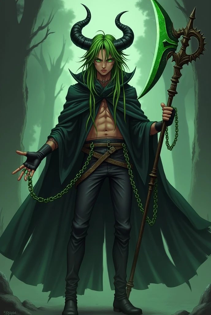 anime boy (dark fantasy) with green dreads, green eyes, brown skin, black horns and a black cloak with green chains around him as he holds a green scythe (full body)