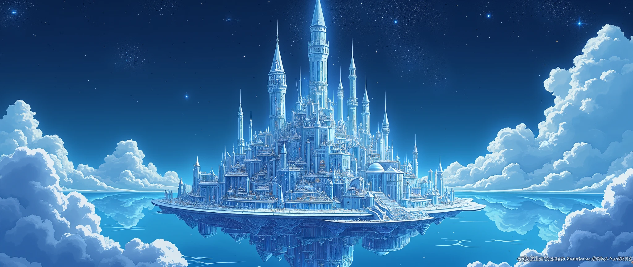 Highly detailed anime-style still images, Ghibli Studio Style, masterpiece, Official Art, Professional, ((Super detailed)), 8k,
((Don&#39;t show it to anyone)), 
A sparkling city, crystallization, Reflective surface, Prism light effect, The setting is a floating island surrounded by a starry sky..
