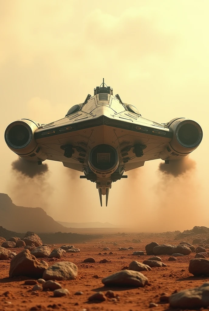 A futuristic sci-fi spaceship inspired by the style of the Prometheus ship from the Alien universe, with an elegant design, angular e industrial. The ship is shown floating low over a barren, rocky landscape., preparing to land. The powerful thrusters are tilted downwards, creating intense clouds of dust and debris as they propel the ground below. The hull of the ship is detailed with several panels, lights and landing gear being lowered. The craft features elements such as large side engines that can rotate for landing adjustment., metal surfaces with soft reflections and wear marks from prolonged use in space. Ao fundo, you see a desolate alien terrain with rocks and dunes, under a cloudy, yellowish sky, creating an atmosphere of a distant world or an unexplored planet