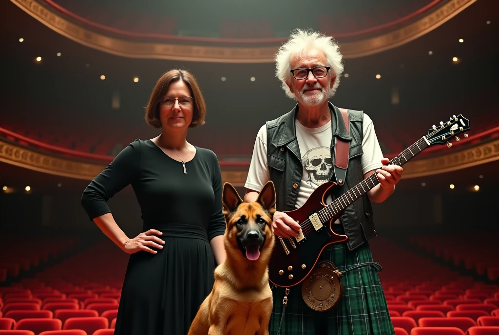 a realistic photo, hdr definition, uhd photo realistic, 12k, a man and a woman, the woman is short and brown in her fifties, her hair is short in a bob, the man is of a certain age, his white hair is messy, he has glasses black, full body, she wears a light black dress, he wears a green kilt and a white t-shirt with a skull, he has a rock leather vest on top, he has an electric guitar in his hands, a Malinois is between them, background a concert hall, the details of this photo make this scene a true masterpiece
