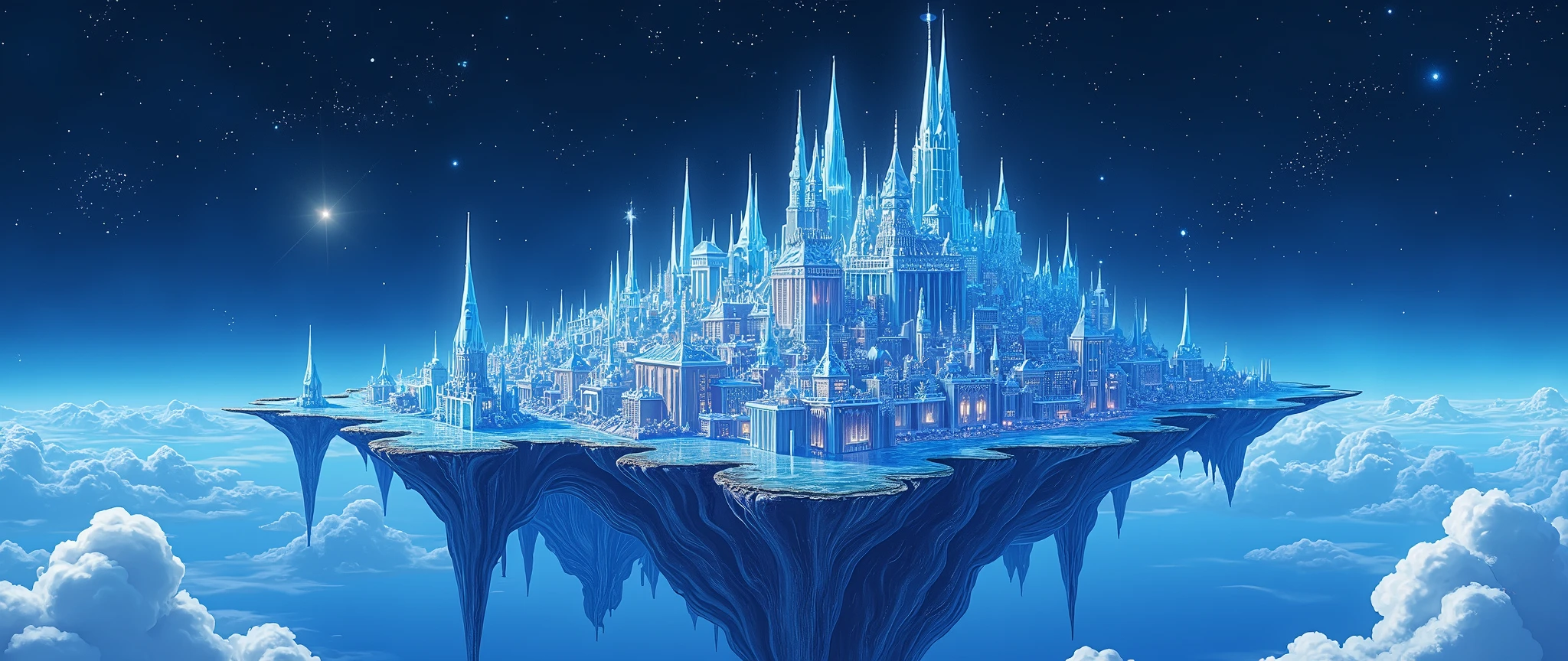 Highly detailed anime-style still images, Ghibli Studio Style, masterpiece, Official Art, Professional, ((Super detailed)), 8k,
((Don&#39;t show it to anyone)), 
A sparkling city, crystallization, Reflective surface, Prism light effect, The setting is a floating island surrounded by a starry sky..