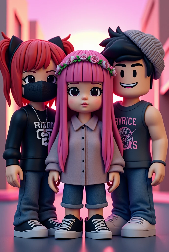 2 girls and 2 boys in Roblox character in 1 frame
1 girl dress up as emo red hair 
1 girl dress up as pink hair girl with flowers crown and kpop's TWICE merch
1 boy dress up as emo black hair,have black mask and white black pattern on his shirt
1 boy dress up as sleeveless grey shirt with white hair and a white binie
they all in roblox character 