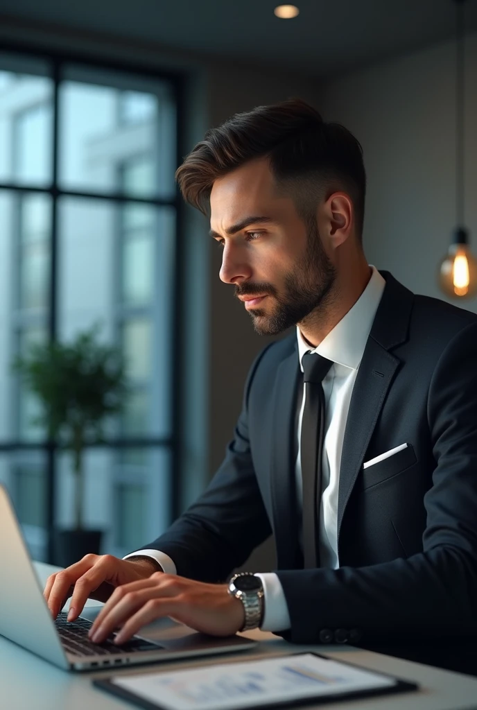 (photorealism:1.2), "businessman with laptop" or "business professional working on laptop" to find a suitable image.
