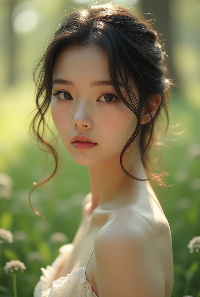 a beautiful girl in a natural outdoor setting, centered in the frame with soft, muted pastel colors, under natural daylight with an elegant, poised pose, hyperdetailed and rendered in high dynamic range for a stunning, artistic effect