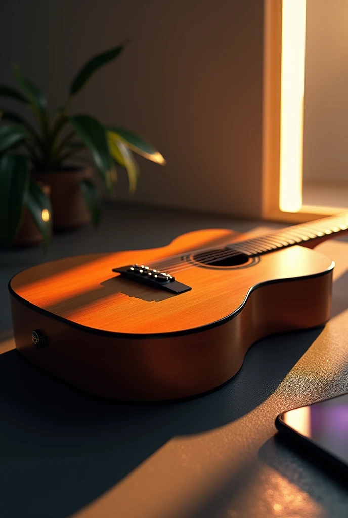 guitar, directional light, cellular phone