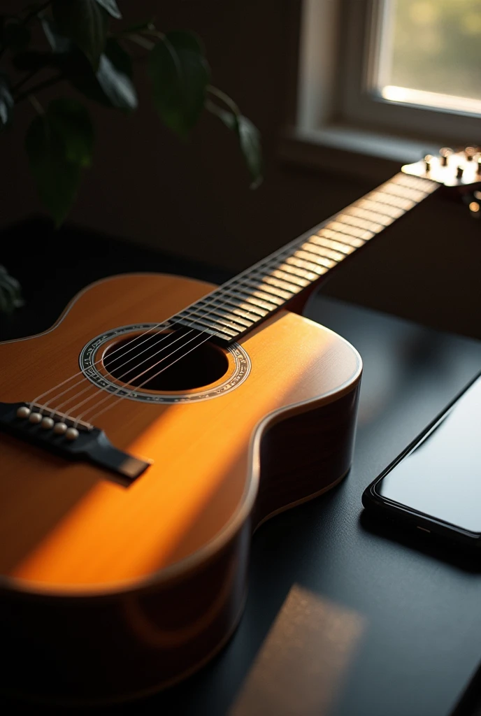 guitar, directional light, cellular phone