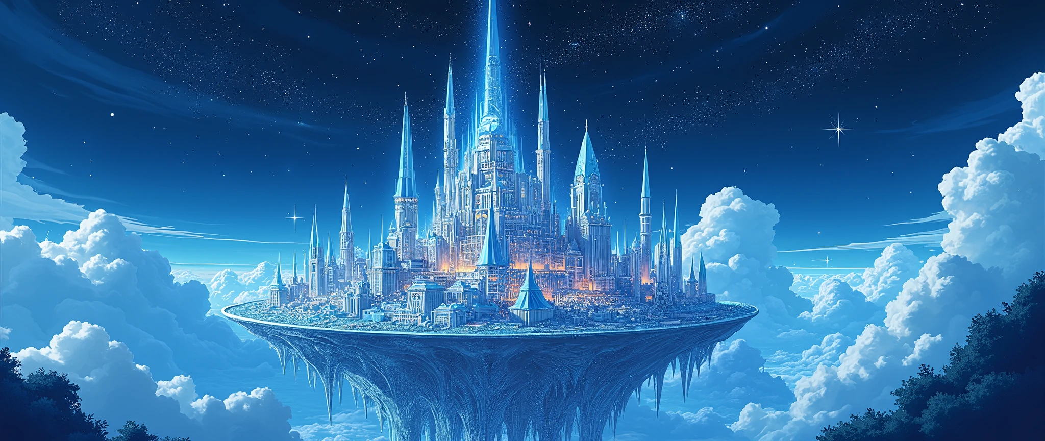 Highly detailed anime-style still images, Ghibli Studio Style, masterpiece, Official Art, Professional, ((Super detailed)), 8k,
((Don't show it to anyone)),
A sparkling city, crystallization, Reflective surface, Prism light effect, The setting is a floating island surrounded by a starry sky..