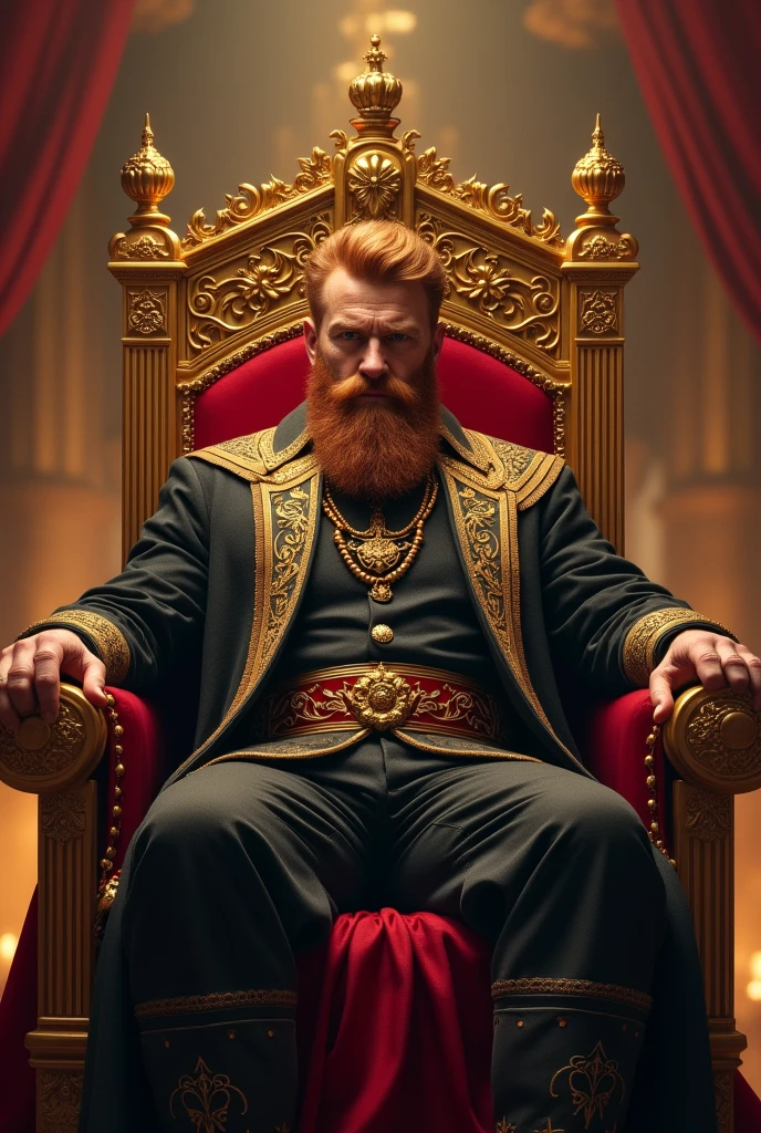 Man with light brown hair and red beard sitting on his golden throne
