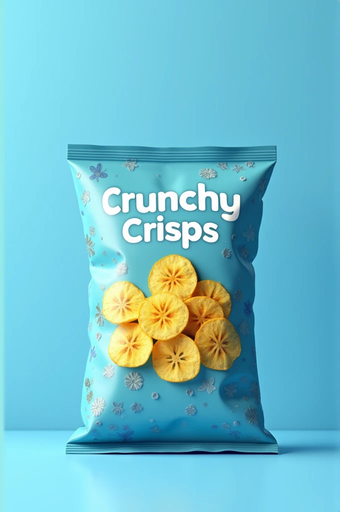 Blue coloured banana chips packet with water mark of light blue shaded scattered banana chips and yellow colour banana chips on centre and brand name as crunchy crisps
