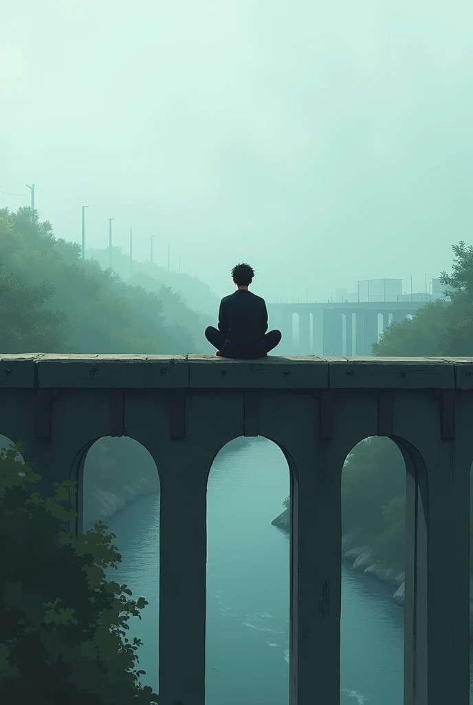 Man from behind sitting on bridge barrier