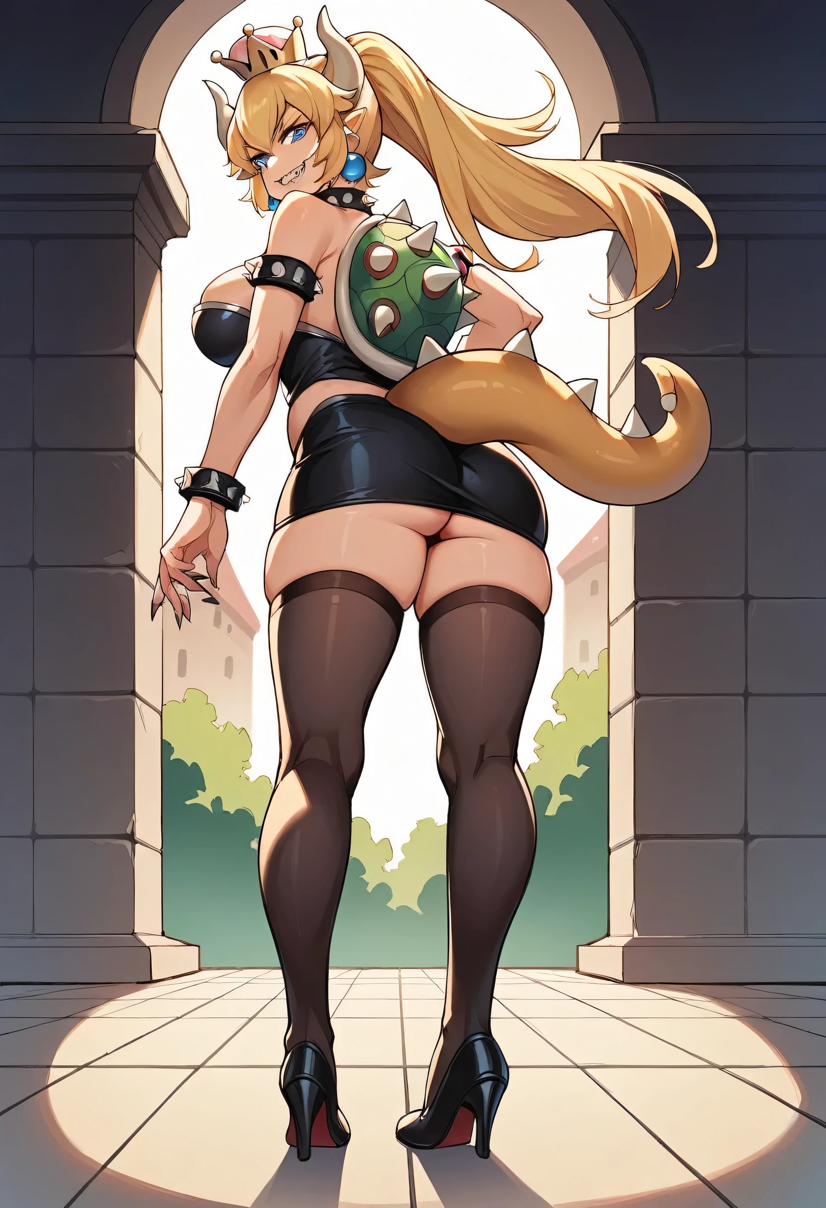 source_anime, best quality, clear face, bowsette from Mario Bros, blonde hair, blue eyes, long hair, large , perfect body, looking at viewer, smile, sexy Ma bros clothes, mini skirt, Black stockings, in the park at night, standing, perspective shot, Show full body big ass, lookiback