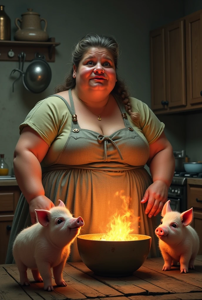 A fat women has two pigs and she is about to cook them in her kitchen in flaming bowl