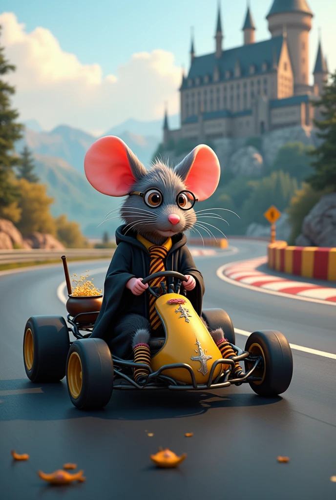 Rat racing kart dressed as harry potter